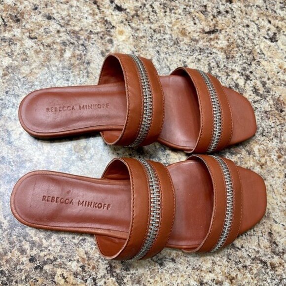REBECCA MINKOFF Marciann Zipper Leather Slide Sandals in Acorn Size 6.5 - Picture 7 of 9